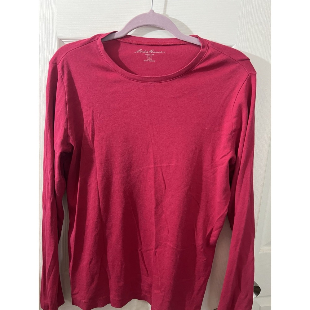 Eddie Bauer Top Womens XL Red Crew‎ Neck Long Sleeve Cotton Seattle USA